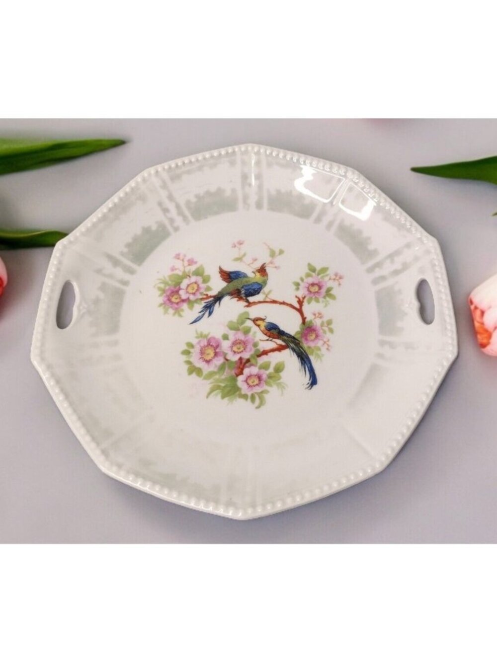 Vintage Germany Bird of Paradise Porcelain Plate Lusterware Dual Handles 9.75 in